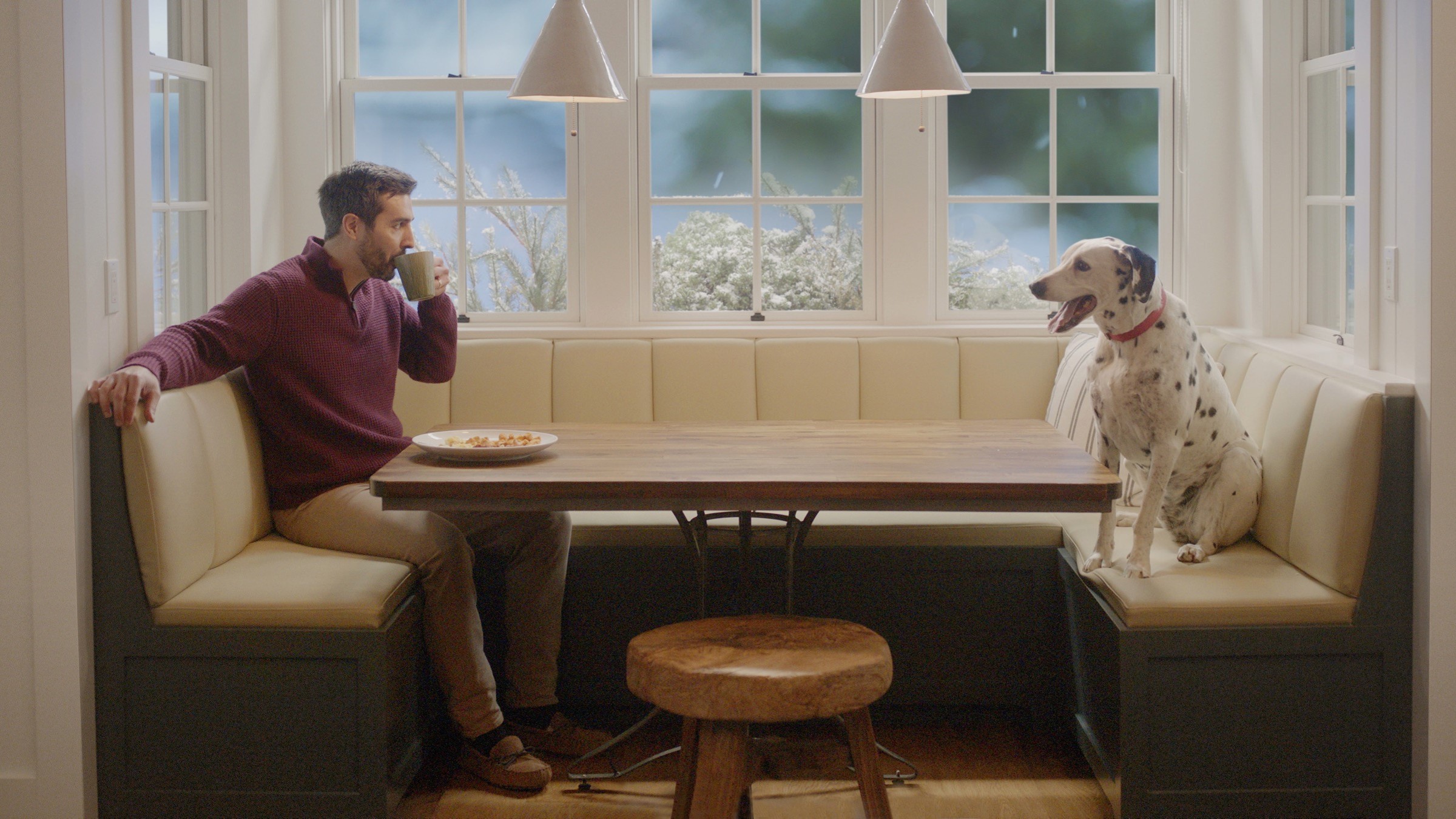 Man at kitchen table with friendly dog